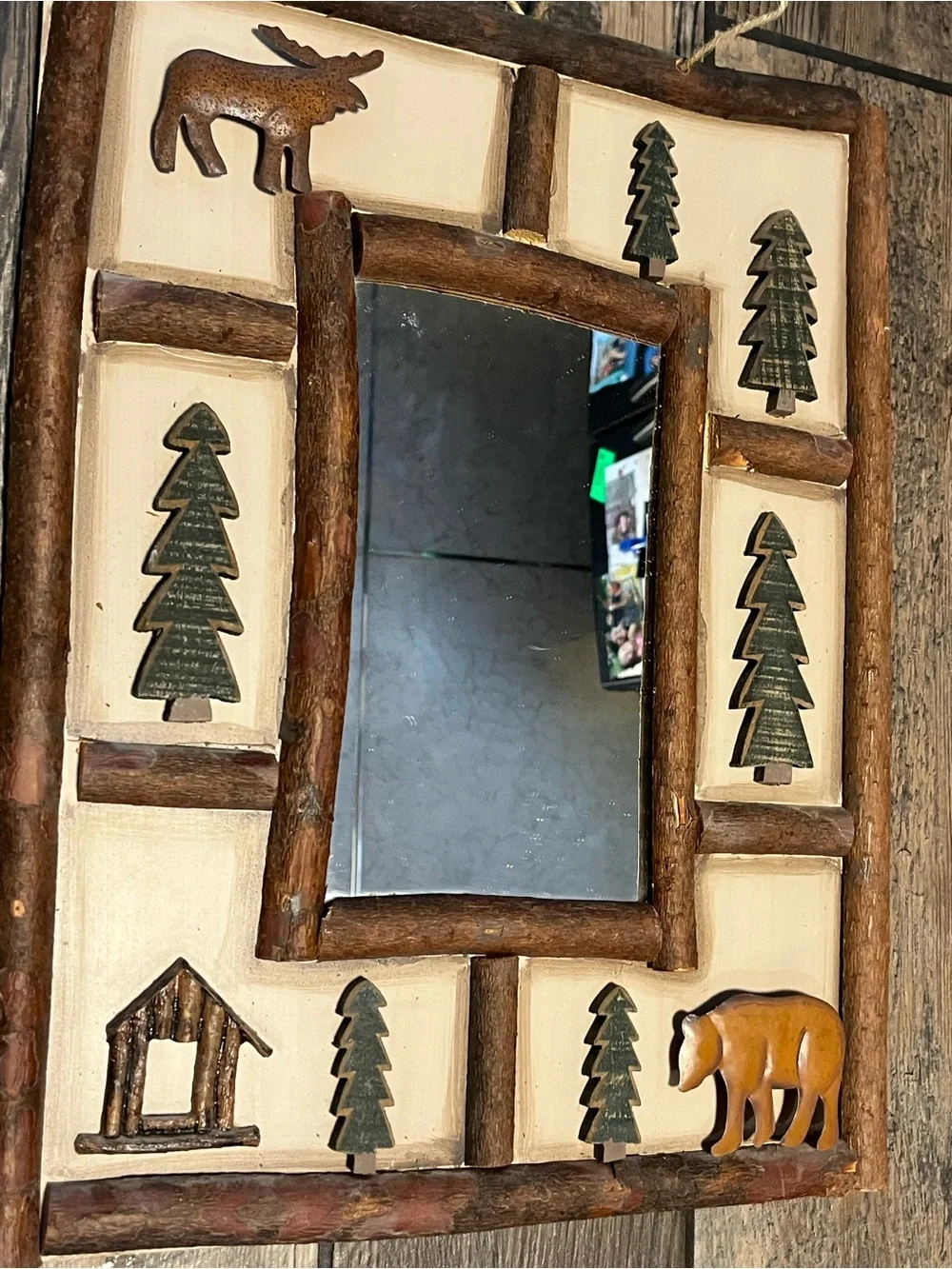 Rustic Cabin Wall Mirror with Bear & Tree Motif - Cream and Brown